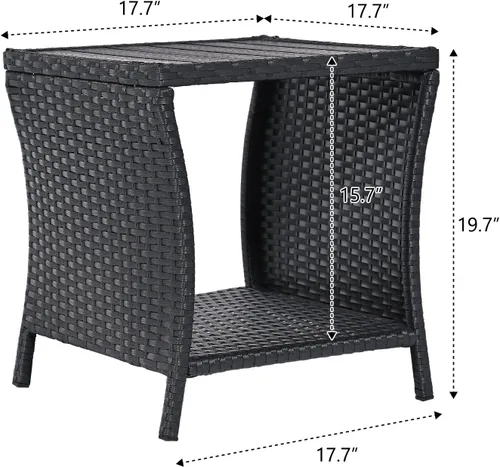 Vista 7 de Mesa auxiliar de patio al aire libre, pequeña mesa auxiliar de mimbre negro para almacenamiento exterior, mesa de centro con mesa de madera