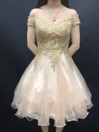 Vista 4 de Vestido corto de fiesta de graduación con apliques de hombros descubiertos para mujer, vestido corto para fiesta de graduación