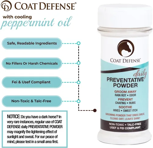 Vista 3 de Coat Defense Polvo preventivo diario y tratamiento de pudrición por lluvia para caballos Picazón dulce equino seguro y eficaz, piel funk, arañazos