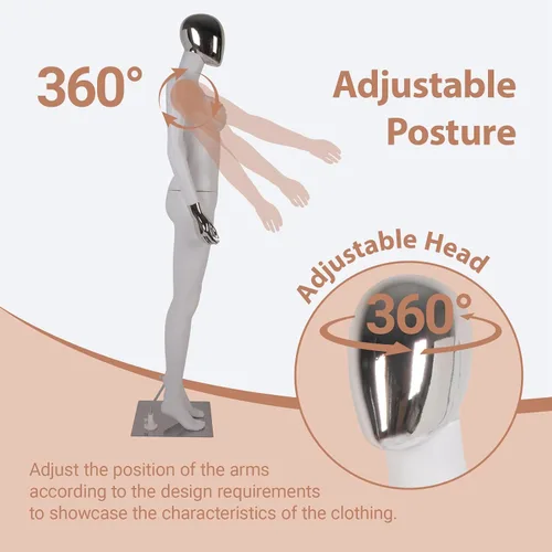 Vista 6 de Kinfant Maniquí femenino de cuerpo completo, blanco y plateado, elegante maniquí femenino alto con base de metal estable, pantalla