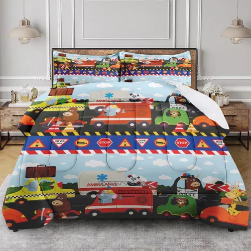 Vista 4 de Juego de edredón vintage con diseño de coche y león para niños, niños pequeños, adolescentes y adultos, tamaño individual, juego de ropa de cama