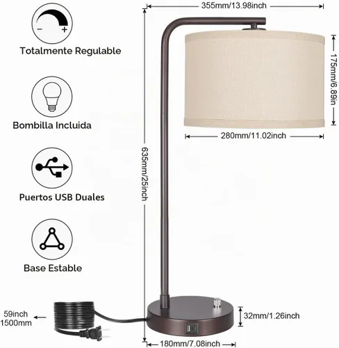 Vista 3 de Juego de 2 lámparas de mesa, lámpara de mesita de noche completamente regulable con puertos de carga USB C+A, lámparas modernas de noche