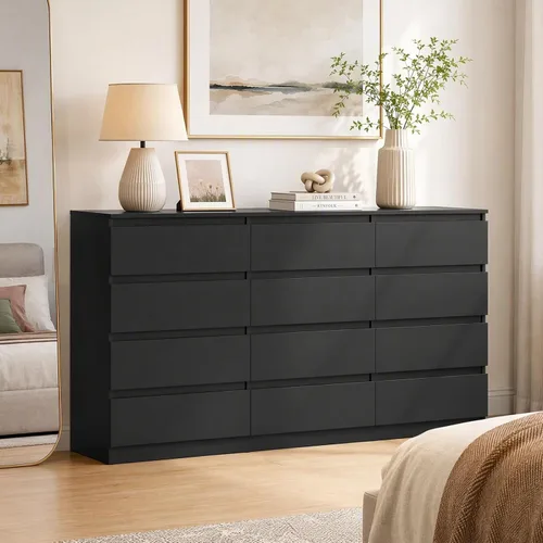 Vista 16 de Cómoda negra para dormitorio, cómoda moderna de 6 cajones con cajón profundo, amplia cómoda de almacenamiento, organizador de muebles