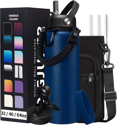 Vista 29 de Botella de agua aislada de 1 galón, con popote y tapa de pico automático, mango de paracord, funda para botella, botella de agua de acero inoxidable