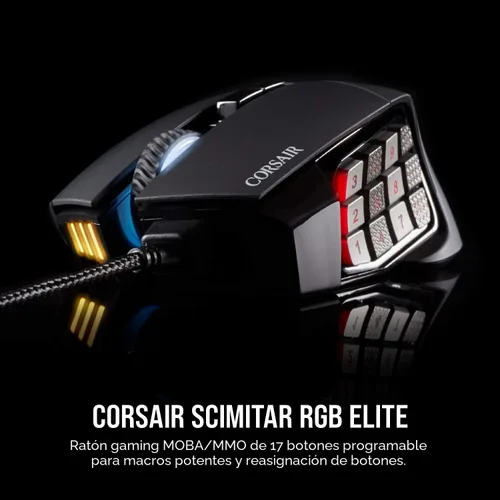 Vista 2 de Corsair Scimitar RGB Elite Mouse para juegos MOBA/MMO con cable - 18,000 DPI - 17 botones programables - Compatible con iCUE - PC, Mac, PS5, PS4