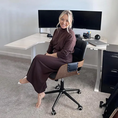 Vista 8 de Silla de escritorio de oficina en casa con ruedas giratorias, artesanía de nogal, respaldo y brazos curvos ergonómicos, piel sintética, altura