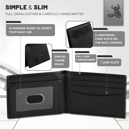 Vista 4 de BULL GUARD Cartera delgada de cuero con bolsillo frontal para hombre, negro (Nappa Black), Minimalista