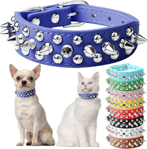 Vista 22 de Collar de perro y gato negro con púas pequeñas para perros pequeños y medianos machos – Collar ajustable con tachuelas – Collar de cuero punk
