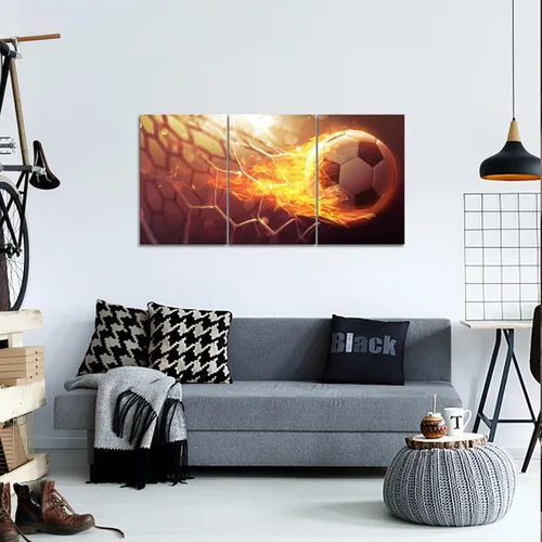 Vista 3 de RnnJoile Arte de pared de fútbol de 3 piezas, balón de fútbol, portería de fuego, lienzo, pintura temática deportiva, impresiones para niños