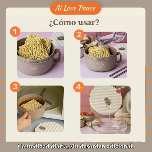 Vista 8 de Tazón de ramen para microondas de 40 onzas, olla de ramen con tapa, regalo de dormitorio universitario, color beige BPA Free