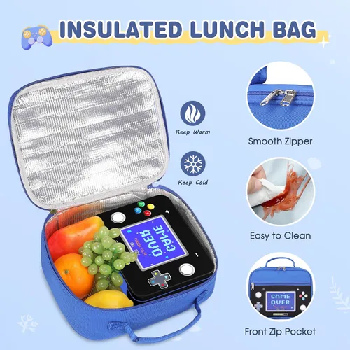 Vista 7 de Mochila para niños - Mochila para niños de jardín de infantes con lonchera Bento de 43 onzas, Pantalla de juego azul, Grande, Mochila