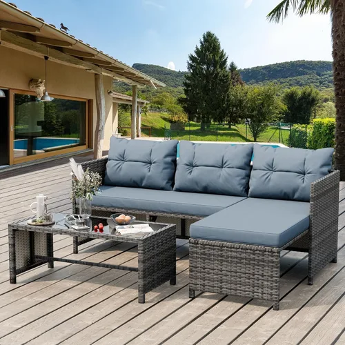 Vista 11 de Shintenchi Juego de 3 muebles de patio al aire libre, juego de conversación de mimbre para patio, sofá de mimbre para todo tipo de clima, sofá