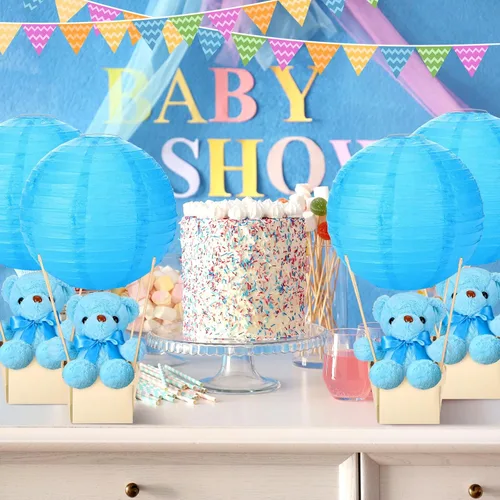 Vista 5 de Baquler Juego de 12 centros de mesa con globos aerostáticos para baby shower, bricolaje, linternas de papel, de peluche, cestas de madera para Azul