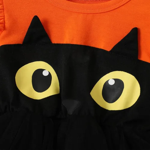 Vista 9 de Vestido de princesa de tul de malla de tul de manga larga para niños pequeños (naranja, 2-3 años)