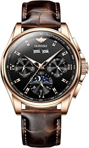 Vista 7 de OLEVS Reloj automático casual para hombre con correa de cuero esfera multicalendario manecillas luminosas resistente al agua fase lunar cristal