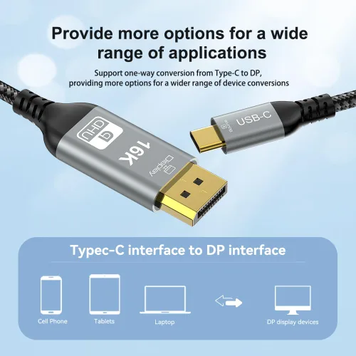Vista 2 de Cable USB C a DisplayPort 2.1, 16K @30Hz 8K a 120Hz 4K @240Hz, cable Thunderbolt 5 a DP, 40Gbps, tipo C compatible con MacBook Pro M4, M3, iPhone 16