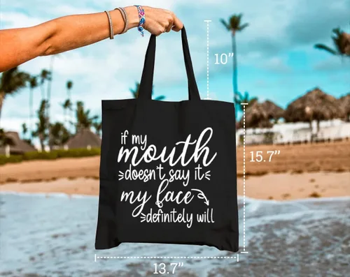 Vista 4 de Bolsa de lona para mujer, bolsas de comestibles reutilizables, refranes divertidos If My Mouth Donot Say It May Face Definiitely Will