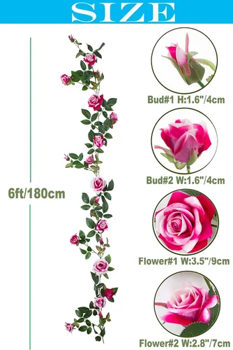 Vista 2 de Guirnalda de rosas artificiales de 6 pies de largo, enredadera aterciopelada para arco de boda, telón de fondo, decoración del hogar, corona (fucsia)