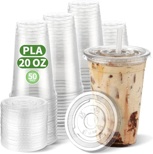 Vista 8 de Tazas de café helado desechables de plástico transparente compostable de 12 onzas con tapas planas, tazas biodegradables para beber frío para llevar