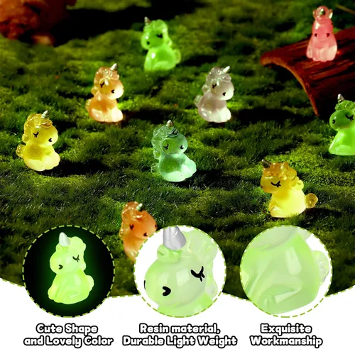 Vista 3 de Fuyamp 60 piezas de mini unicornio de resina luminoso miniatura que brilla en la oscuridad, adorno de unicornio pequeño para jardín, paisaje