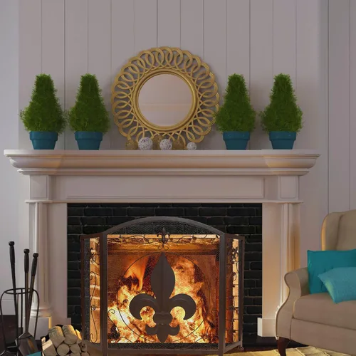 Vista 7 de BestGiftEver Pantalla decorativa para chimenea de 3 paneles con diseño de flor de lis, marrón oscuro clásico, cubierta decorativa de malla de hierro