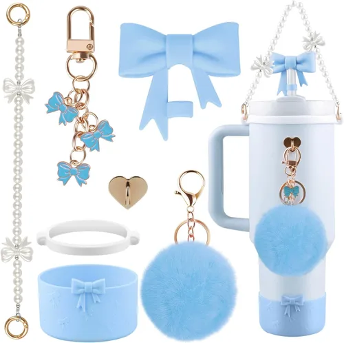 Vista 11 de Set de accesorios negros para vaso Stanley, correa para asa de botella de agua, funda de silicona, cubierta de pajita con lazo, dijes de perla, tapa