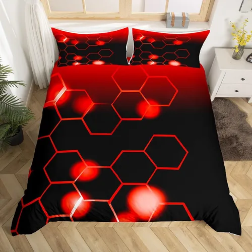 Vista 14 de Feelyou Juego de ropa de cama verde y negro tamaño individual para niños y adolescentes, juego de funda de edredón con temática hexagonal