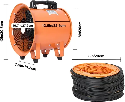 Vista 7 de Soplador utilitario de 8 pulgadas, ventilador de alta velocidad con manguera de conducto, ventilador portátil de bajo ruido, extractor de humos