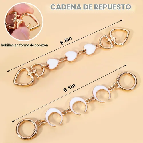 Vista 5 de 2 unidades extensoras de bolsa de cadena de corazón y luna, extensores de correa para bolso, cadena de oro, correa de repuesto para monedero