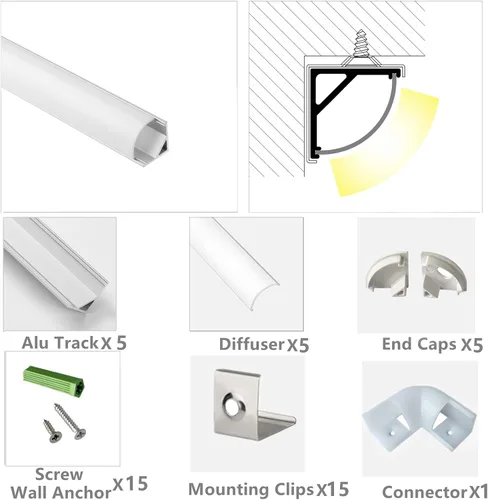 Vista 5 de THMOOTHER Paquete de 5 tiras LED en forma de V de 3.3 pies, sistema de difusor de canal de aluminio, cubierta lechosa extruida con conector