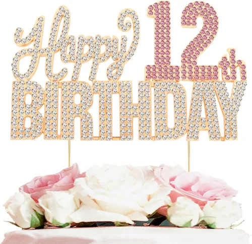 Vista 11 de Decoración de pastel de diamantes de imitación rosa y plateado con texto en inglés "Cheers to 11 Years Old Eleven Bday" de metal brillante