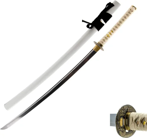 Vista 34 de HMS Samurai Katana Sword, Practical, Hand Forged, 1045 Carbon Steel, Heat Tempered/Clay Tempered, Full Tang, Sharp, Scabbard Blanco-dragón-951A