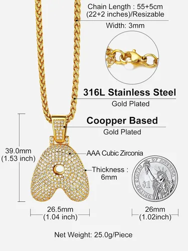 Vista 5 de Richsteel Collar brillante de circonita cúbica con letras de burbujas para hombres y mujeres, chapado en oro de 18 quilates, joyería con monograma