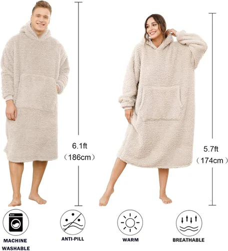 Vista 6 de Manta Sherpa con capucha de gran tamaño, sudadera con capucha y manga larga y bolsillo, color beige