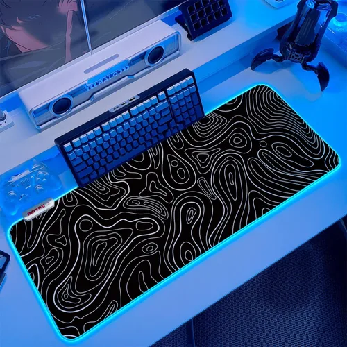 Vista 8 de JMIYAV Alfombrilla de mouse para juegos RGB en blanco y negro, 31.5 x 12 pulgadas, PC XL, grande, extendida y brillante, con luz LED, base de goma
