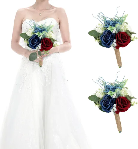 Vista 24 de Ramos de novia bohemios para boda, ramos de 9 pulgadas de flores artificiales para decoraciones de centro de mesa de ceremonia y aniversario, rosas