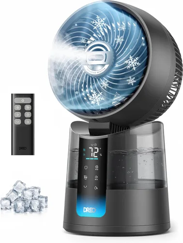 Vista 9 de DREO TurboCool Ventilador de nebulización 516, oscilación omnidireccional de 150°+30°, ventilador de enfriamiento de escritorio de caída de 5 ℉