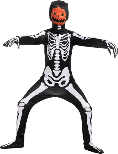 Vista 4 de Spooktacular Creations Disfraz de esqueleto de Halloween con cabeza de calabaza para niños, la máscara de calabaza para juegos de rol