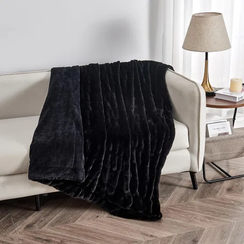 Vista 6 de Great Bay Home Manta mullida de piel sintética fruncida, color negro, ultra suave, reversible, manta gruesa para silla, sofá o cama, manta cálida