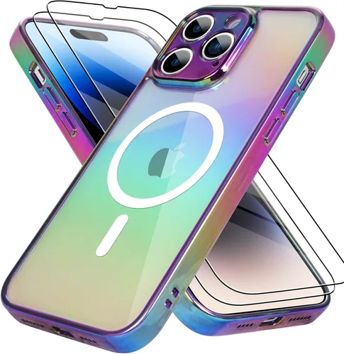Vista 18 de Bonoma Funda magnética para iPhone 13 【Soporte para Magsafe】Protector de cámara de lujo de cristal fluorescente iridiscente con láser brillante + 2
