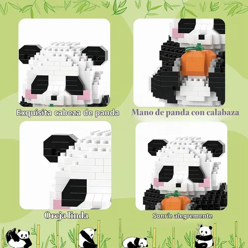 Vista 4 de Mini bloques de construcción de Halloween, panda sentado con calabaza, micro bloques de juguete para niños de 6, 7, 8, 9+, juegos de construcción