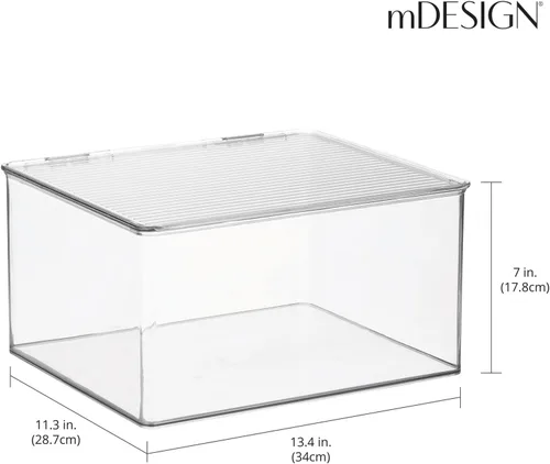 Vista 4 de mDesign Caja apilable de plástico con tapa con bisagras para cocina, despensa, armario, nevera/congelador, caja organizadora ancha para aperitivos