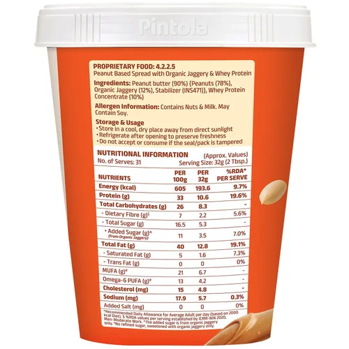 Vista 9 de Pintola Mantequilla de maní ALTA Proteína (Organic Jagggery) (Cremosa, 2.2 lbs)