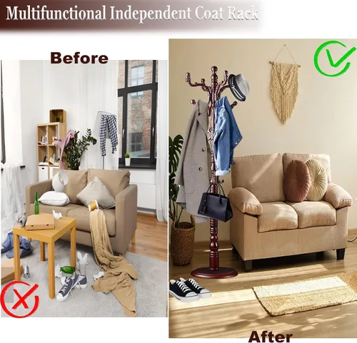 Vista 4 de Percheros de pie independientes, perchero de madera natural con 14 ganchos, percheros resistentes de altura ajustable para entrada, pasillo, Marrón