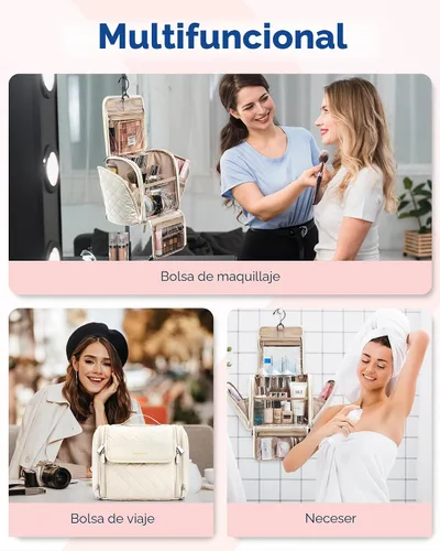 Vista 4 de BAGSMART Neceser de viaje para maquillaje con gancho para colgar, bolsa de cosméticos, organizador de gran capacidad, resistente al agua, para Beige