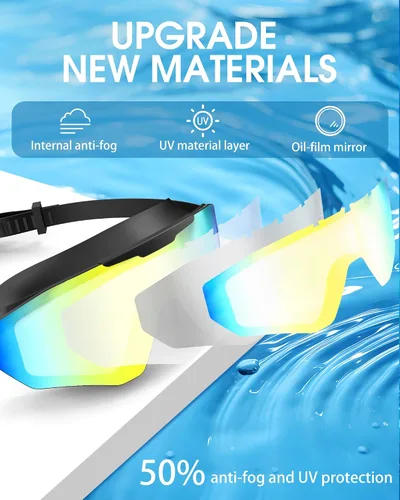 Vista 2 de Gafas de natación con tapones para los oídos, gafas de natación antivaho y anti UV de visión amplia, lentes UV de 3 colores para hombres, mujeres