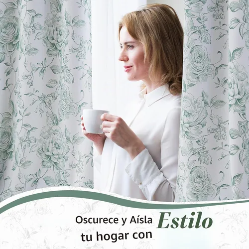 Vista 2 de Beauoop Cortinas Florales 100% Opacas de 96 Pulgadas de Largo, 2 Paneles para Dormitorio, Sala de Estar, Verde Blanco Estilo Granja