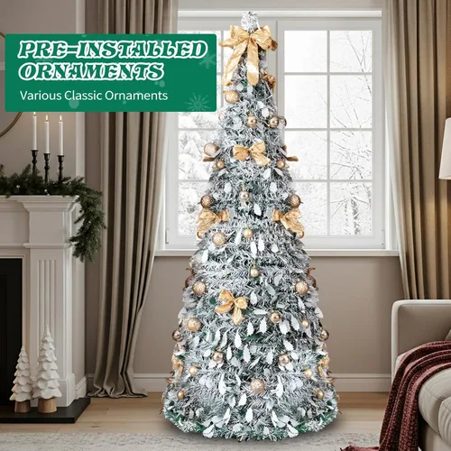 Vista 7 de Árbol de Navidad desplegable de 7 pies con luces, árbol de Navidad plegable preiluminado con 170 luces blancas cálidas y 8 modos intermitentes Verde