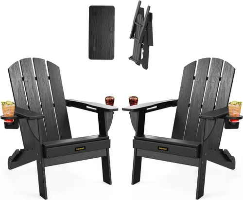 Vista 22 de Silla Adirondack Plegable, Sillas Adirondack de Plástico con Textura de Madera con 2 Portavasos, Silla para Hoguera de HDPE Resistente a