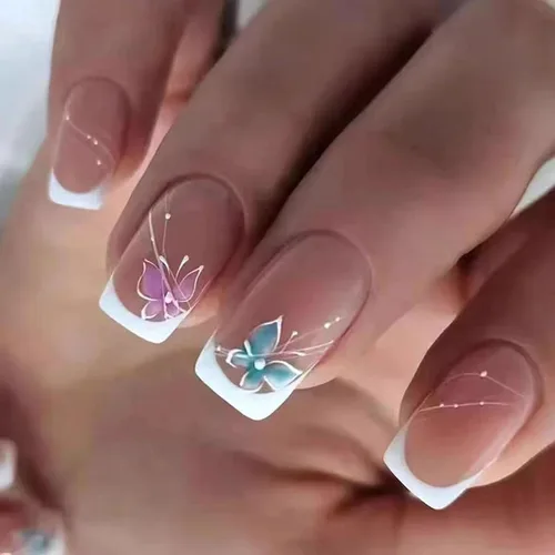 Vista 16 de Uñas postizas a presión de mariposa - Uñas falsas cortas cuadradas con diseños en relieve 3D, punta francesa blanca, acabado mate, acrílico rosa